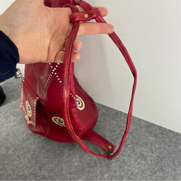 Vintage Drawstring Red Leather Women's Bucket Shoulder Bag - Picture 9 of 10